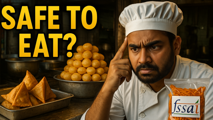 Concerned Indian chef with FSSAI-labeled snack and street food, text reads 'Safe to Eat?