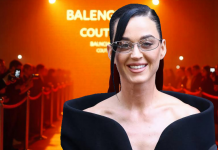 Katy Perry Steals the Show: Black Blazer Minidress & Statement Glasses at Balenciaga Couture Image of Katy Perry
